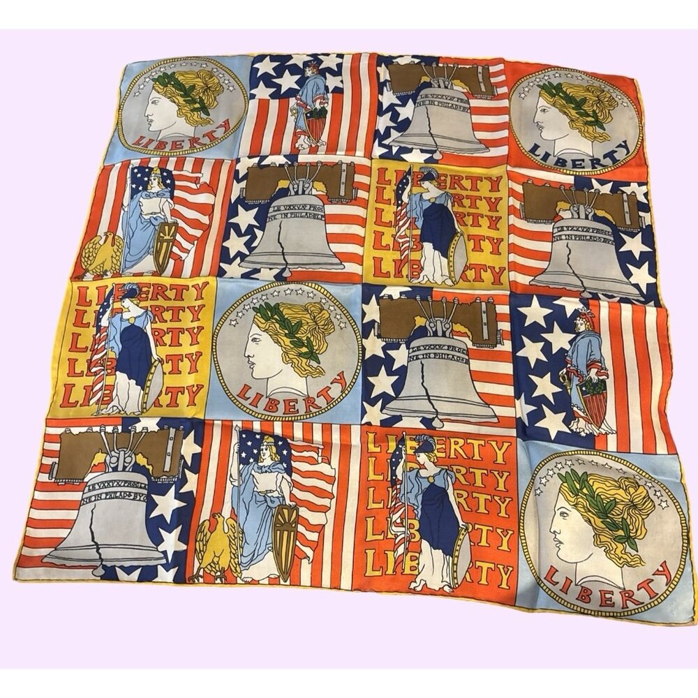 Patriotic Silk Ascot Square USA Philly Coin Lady Liberty Hand Rolled Vtg 250 4th
